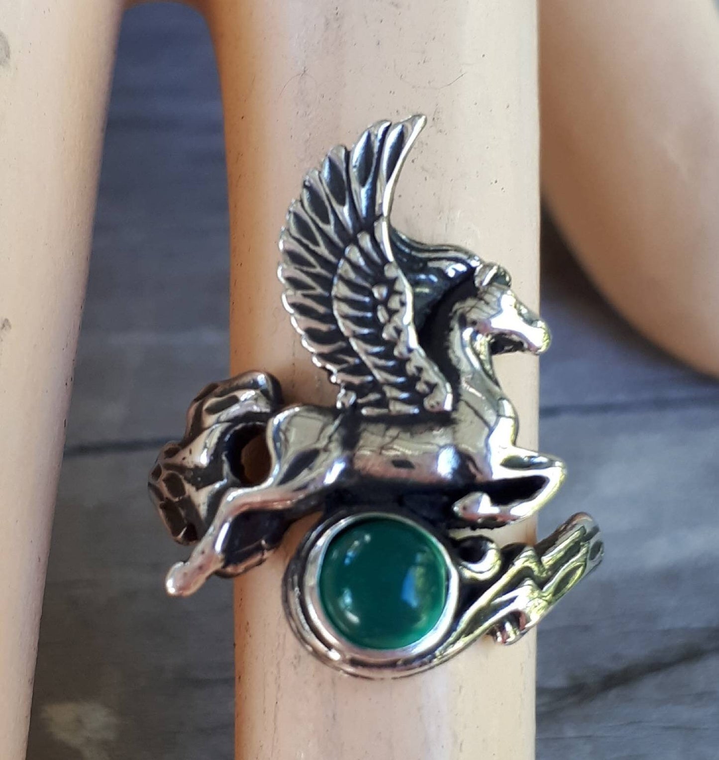 PEGASUS ring,green onyx,sterling silver,mythical horse, unicorn, fantasy,new age,magic,mystical, boho,hippy,gypsy, art nouveau,handmade,