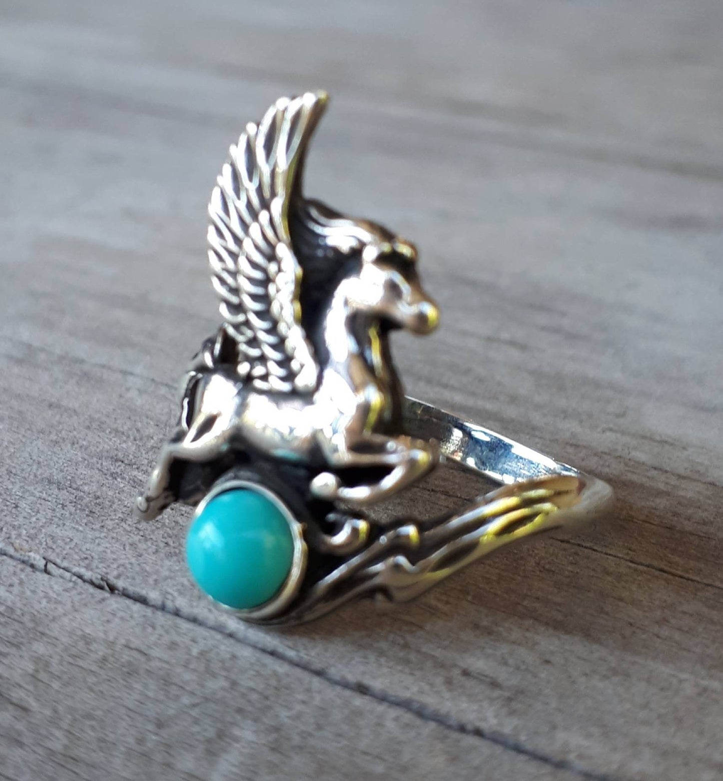 PEGASUS ring,turquoise,sterling silver,mythical horse, unicorn, fantasy,new age,magic,mystical, boho,hippy,gypsy, art nouveau,handmade,