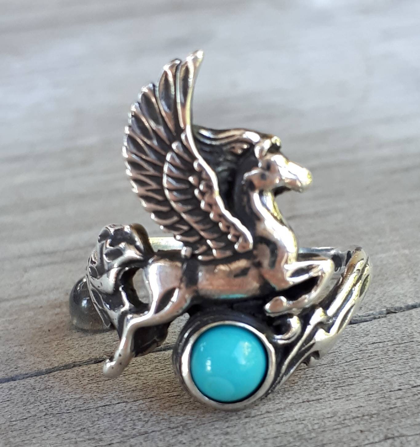 PEGASUS ring,turquoise,sterling silver,mythical horse, unicorn, fantasy,new age,magic,mystical, boho,hippy,gypsy, art nouveau,handmade,