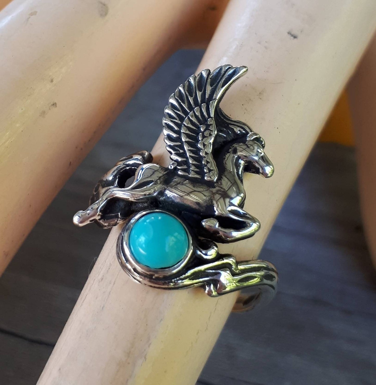 PEGASUS ring,turquoise,sterling silver,mythical horse, unicorn, fantasy,new age,magic,mystical, boho,hippy,gypsy, art nouveau,handmade,