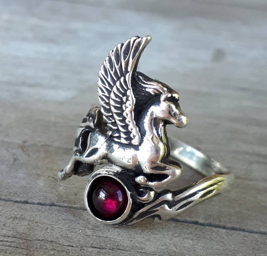 PEGASUS ring,garnet,sterling silver,mythical horse,unicorn, fantasy,new age,mystical,divine stallion,boho,hippy,art nouveau,handmade,goddess