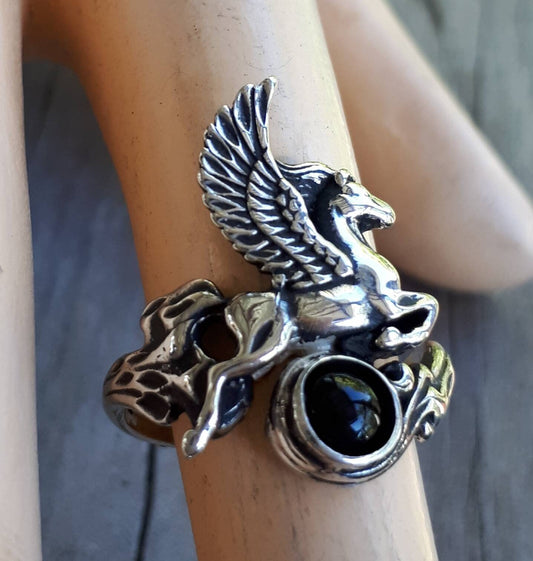 PEGASUS ring,onyx,sterling silver,black stone,mythical horse, unicorn,fantasy,new age,magic,mystical, boho,hippy,gypsy,art nouveau,handmade,