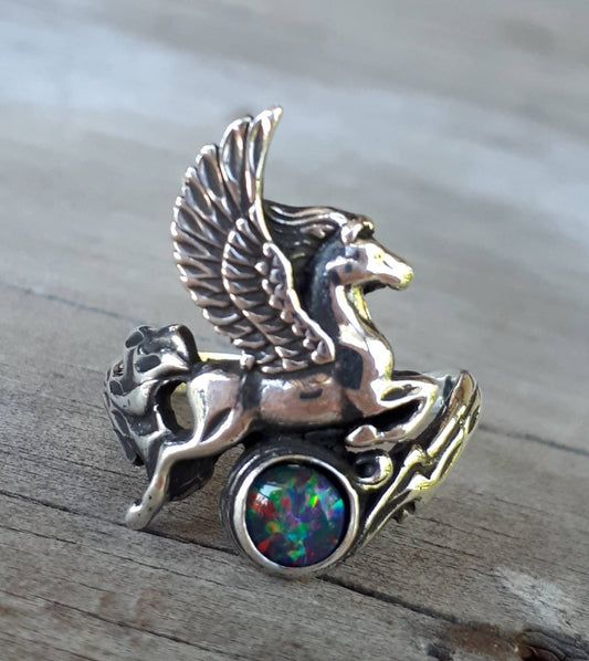 PEGASUS ring,opal,sterling silver,mythical horse, unicorn, fantasy,new age,magic,mystical, boho,hippy,gypsy, art nouveau,handmade,magic,