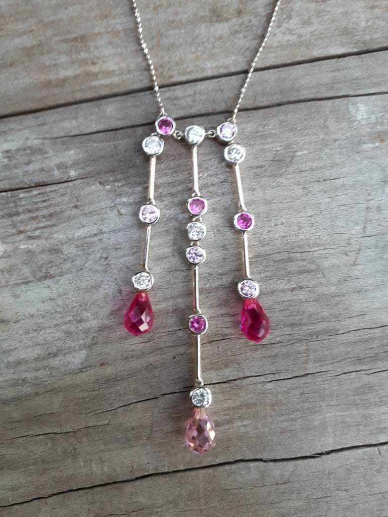 Multi drop,cz.stone pendant,pendulm,sterling silver,deco,cz,Crystal,goddess,boho shic,women's fashion,handmade,pink cz, bridal necklace