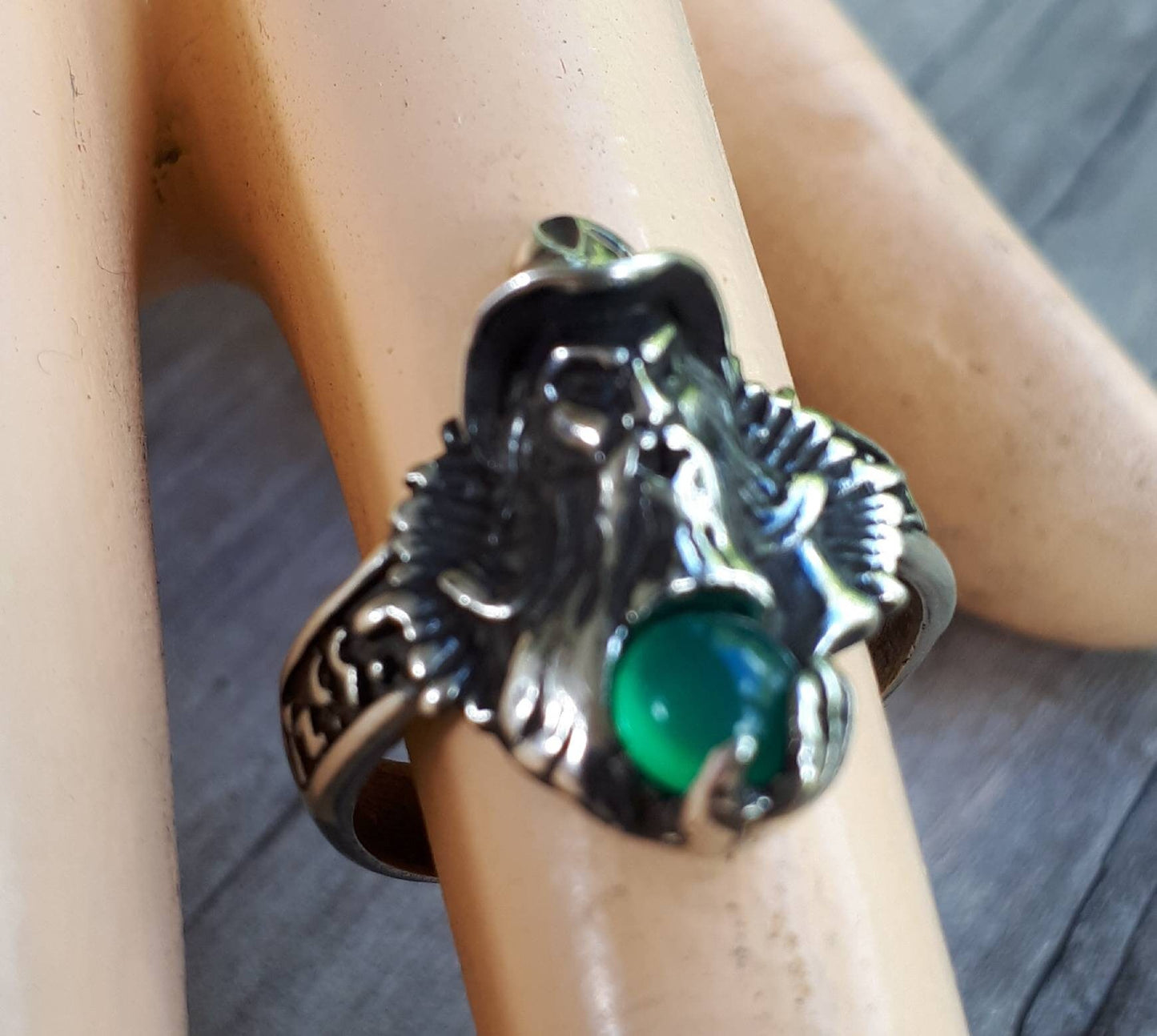 wizard ring green onyx  sterling silver  magic fantasy mythical  steampunk gothic punk  ring