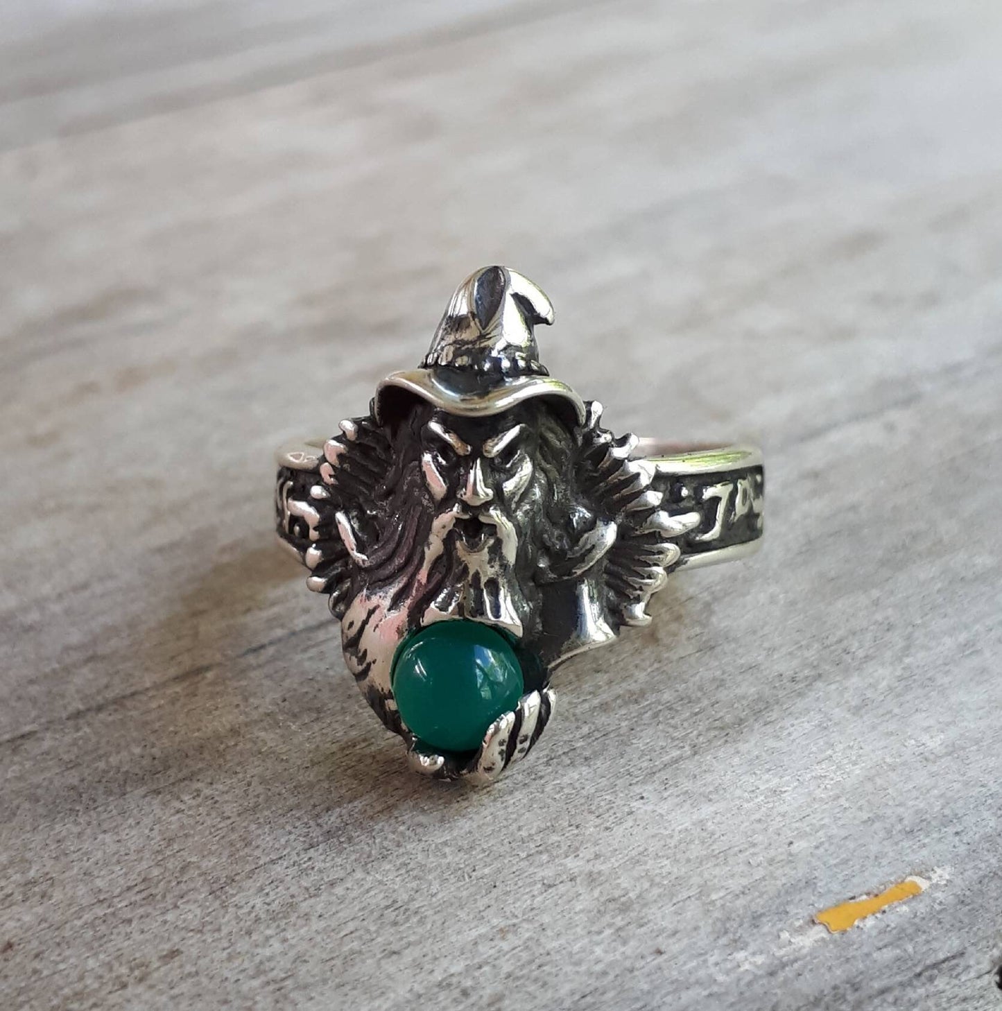 wizard ring green onyx  sterling silver  magic fantasy mythical  steampunk gothic punk  ring