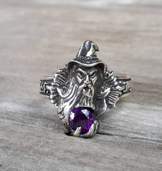 wizard ring sterling amethyst silver magic fantasy mythical steampunk gothic punk ring