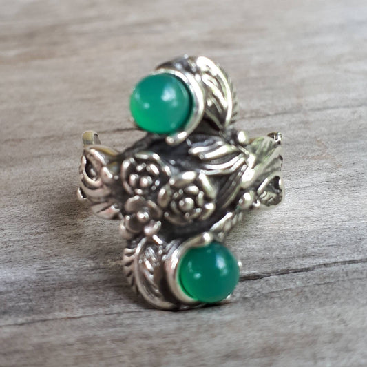 Rose flower ring green onyx sterling silver alternative steampunk gothic art nouveau victorian flower rockabilly