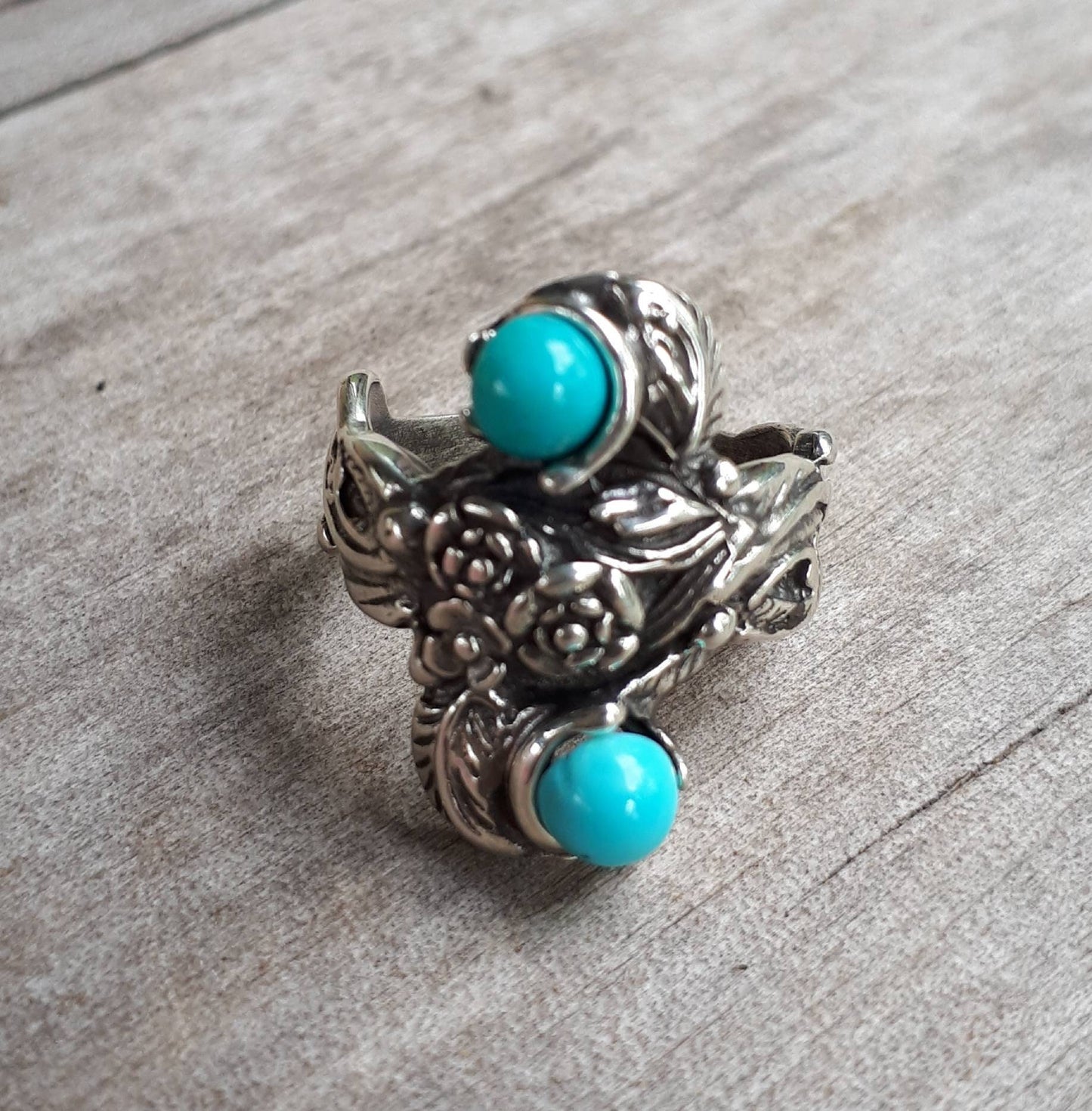 Rose flower ring turquoise and coral  sterling silver alternative steampunk gothic art nouveau victorian flower rockabilly