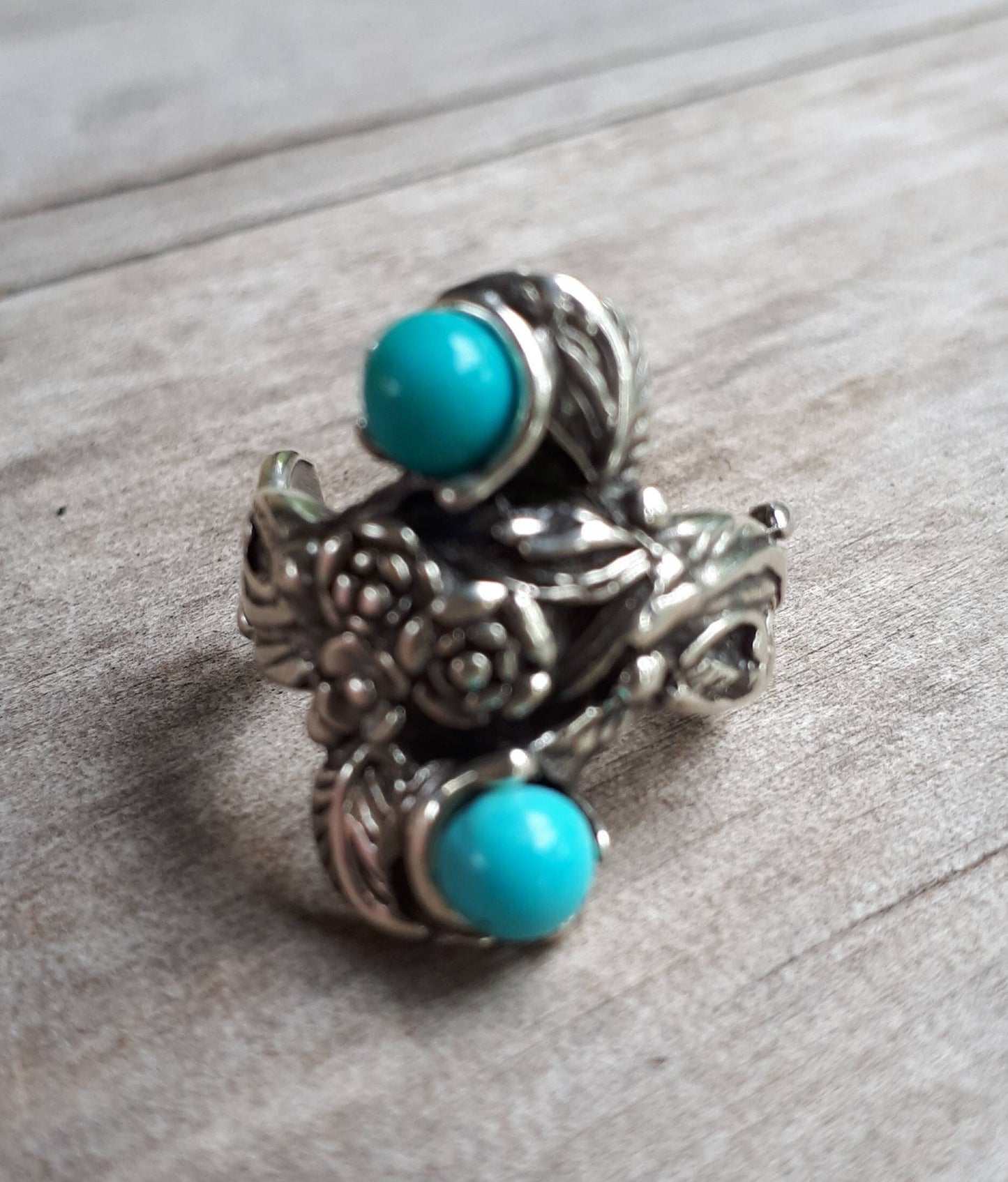 Rose flower ring turquoise and coral  sterling silver alternative steampunk gothic art nouveau victorian flower rockabilly