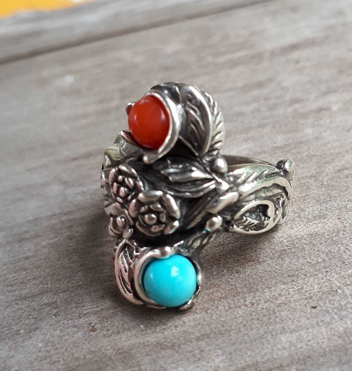 Rose flower ring turquoise and coral  sterling silver alternative steampunk gothic art nouveau victorian flower rockabilly