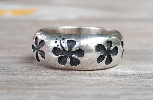 Hibiscis ring,solid sterling silver, frangipani,surfer ring,Hawaiian flower sterling silver band.