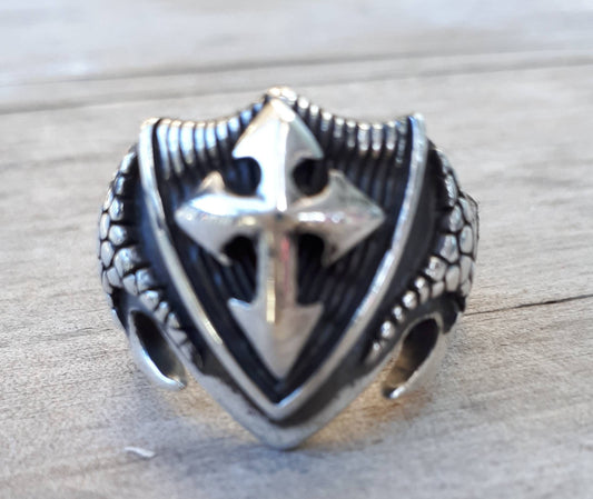 cross ring,solid,sterling silver,knights templar,christian,medieval,shield,religious,steampunk,goth,grunge,vintage,dragon,snake skin,