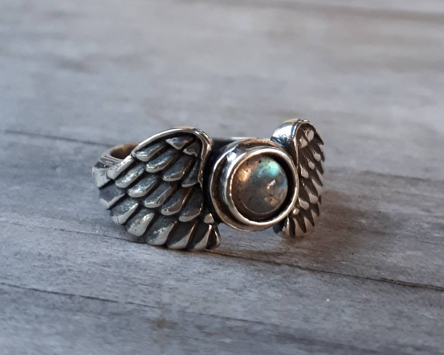 Angel wings,labradorite ring,goddess, sterling silver, feather,biker bird,boho,fairy,etheric,fantasy,pinkie ring,