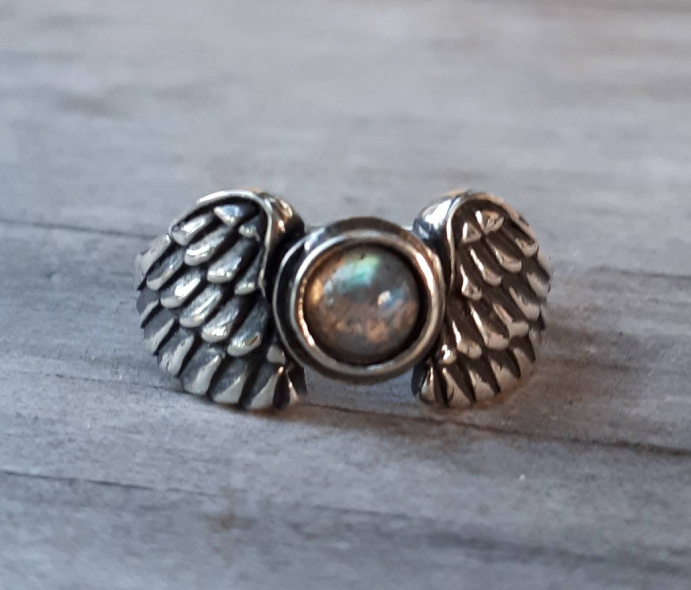 Angel wings,labradorite ring,goddess, sterling silver, feather,biker bird,boho,fairy,etheric,fantasy,pinkie ring,