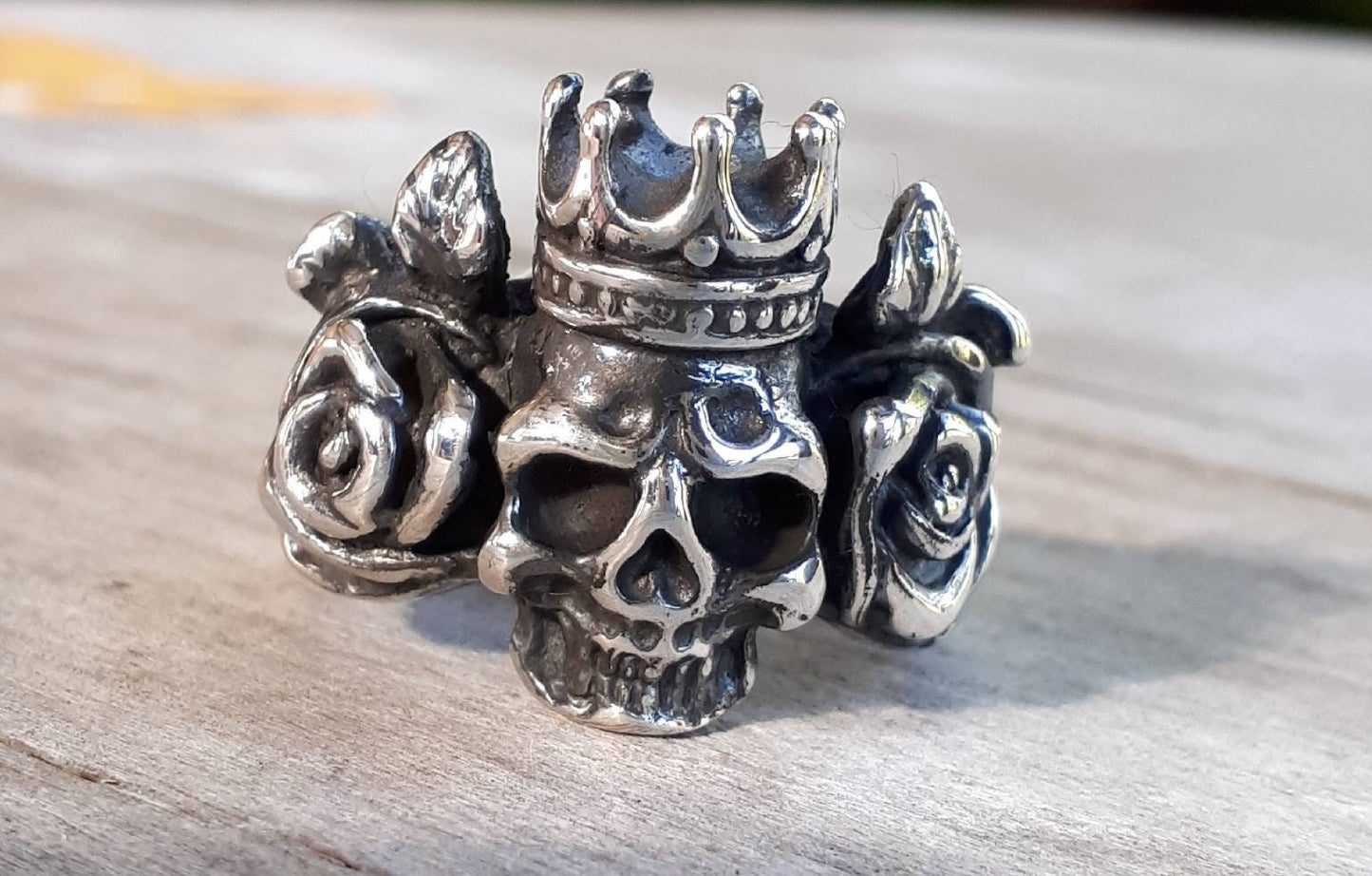 skull rose ring,crown ring, sterling silver ring ,steampunk, gothic punk, pirate,sugar skull,biker,black stone,hand made,hipster,rockabilly