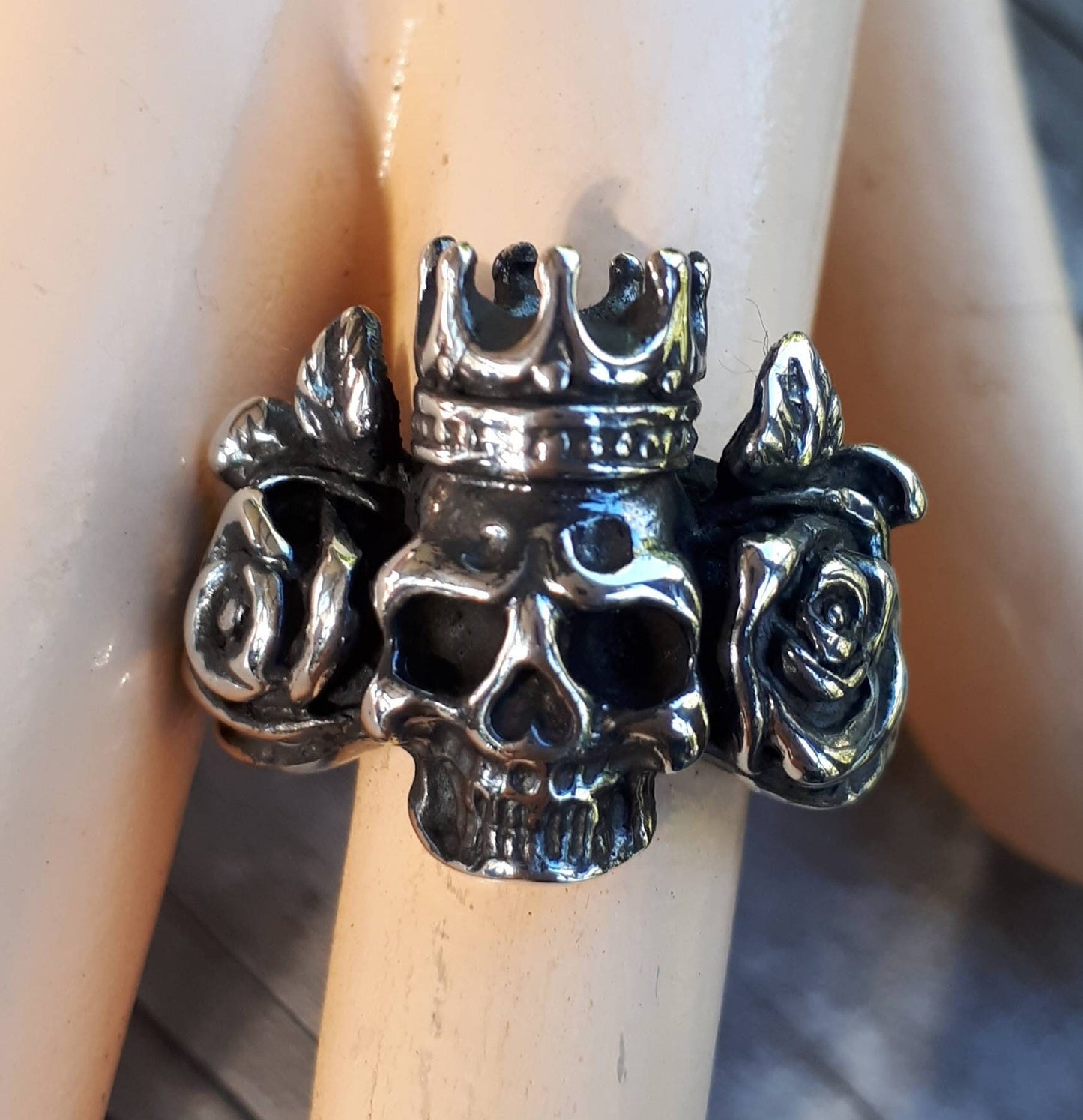 skull rose ring,crown ring, sterling silver ring ,steampunk, gothic punk, pirate,sugar skull,biker,black stone,hand made,hipster,rockabilly