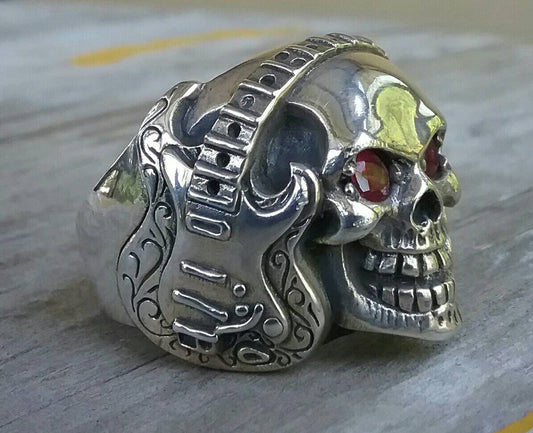 Guitar ring, Skull ring,red eyes,steampunk, gothic, punk ,sterling silver,rock,hand made,pirate,