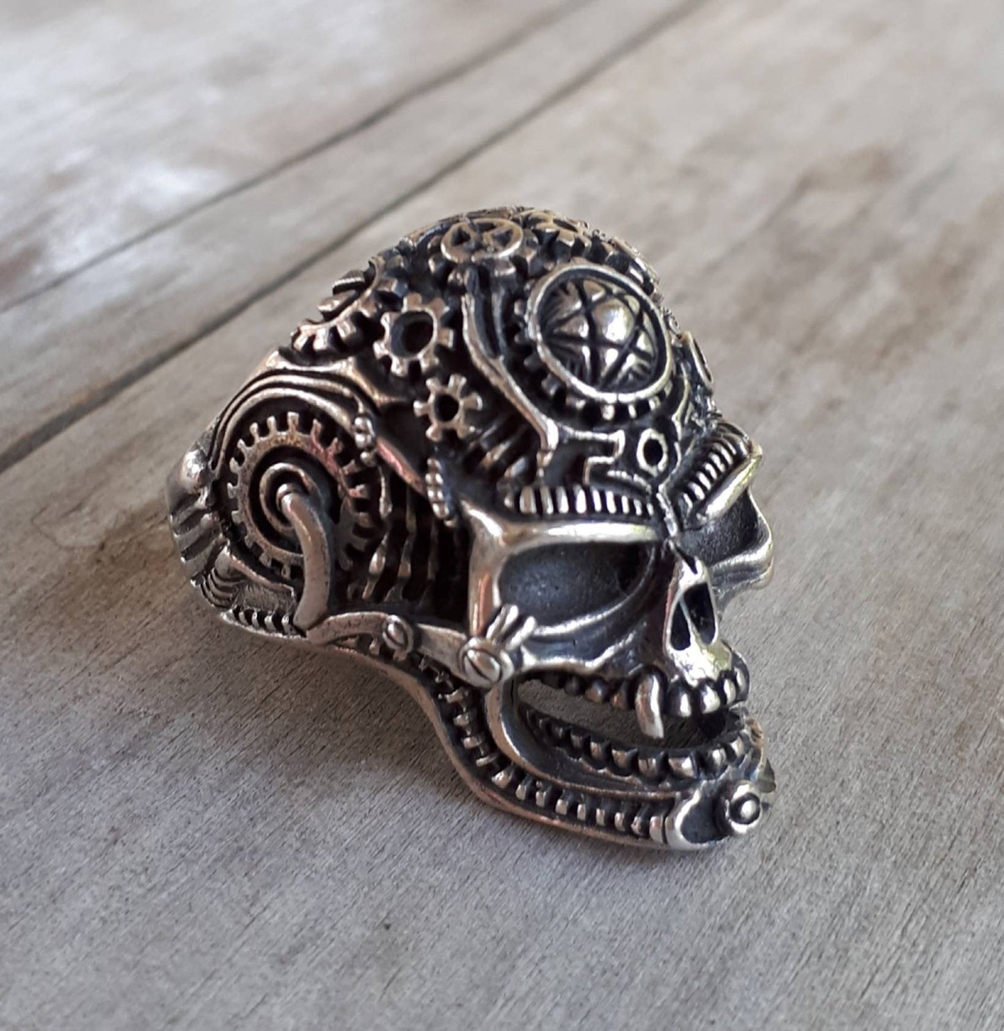 Vampire Skull ring,tribal, sterling  silver,pentagram, steampunk ,gothic, punk,biker,hand made,pirate,medievil skull,handmade,