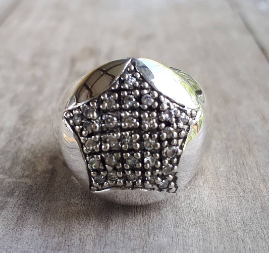 star ring,sterling silver,bling star,cubic zirconia,chunky ring,boho,large dome rong goddess,hipster,handmade,signet ring,