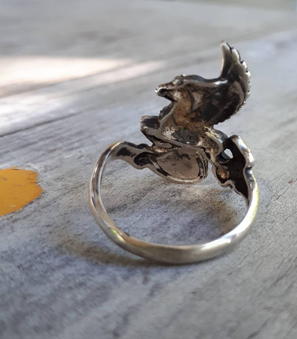 PEGASUS ring,onyx,sterling silver,black stone,mythical horse, unicorn,fantasy,new age,magic,mystical, boho,hippy,gypsy,art nouveau,handmade,