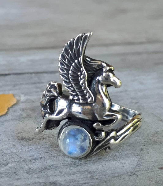 PEGASUS ring,moonstone, sterling silver,mythical horse, unicorn,fantasy,new age,magic,mystical, boho,hippy,gypsy,art nouveau,handmade,goddes