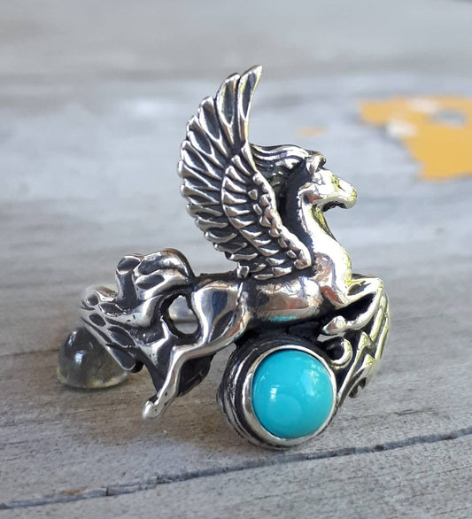 PEGASUS ring,turquoise,sterling silver,mythical horse, unicorn, fantasy,new age,magic,mystical, boho,hippy,gypsy, art nouveau,handmade,