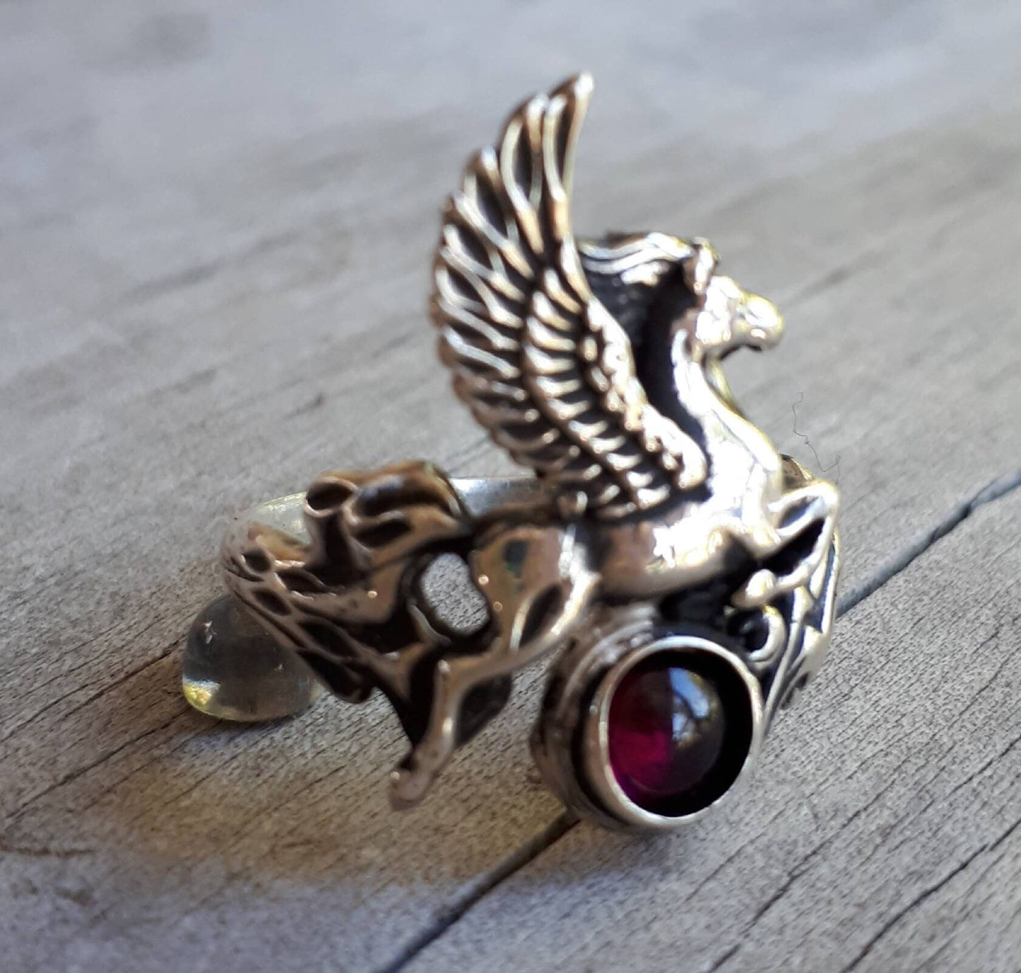 PEGASUS ring,garnet,sterling silver,mythical horse,unicorn, fantasy,new age,mystical,divine stallion,boho,hippy,art nouveau,handmade,goddess