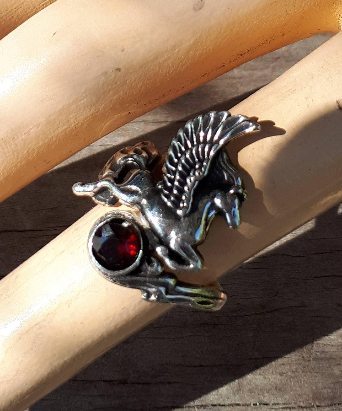 PEGASUS ring,garnet,sterling silver,mythical horse,unicorn, fantasy,new age,mystical,divine stallion,boho,hippy,art nouveau,handmade,goddess