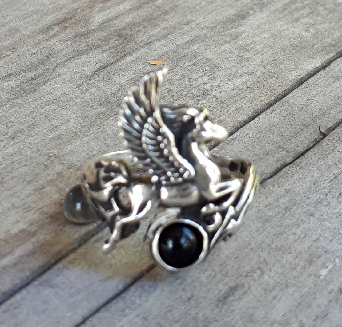 PEGASUS ring,onyx,sterling silver,black stone,mythical horse, unicorn,fantasy,new age,magic,mystical, boho,hippy,gypsy,art nouveau,handmade,