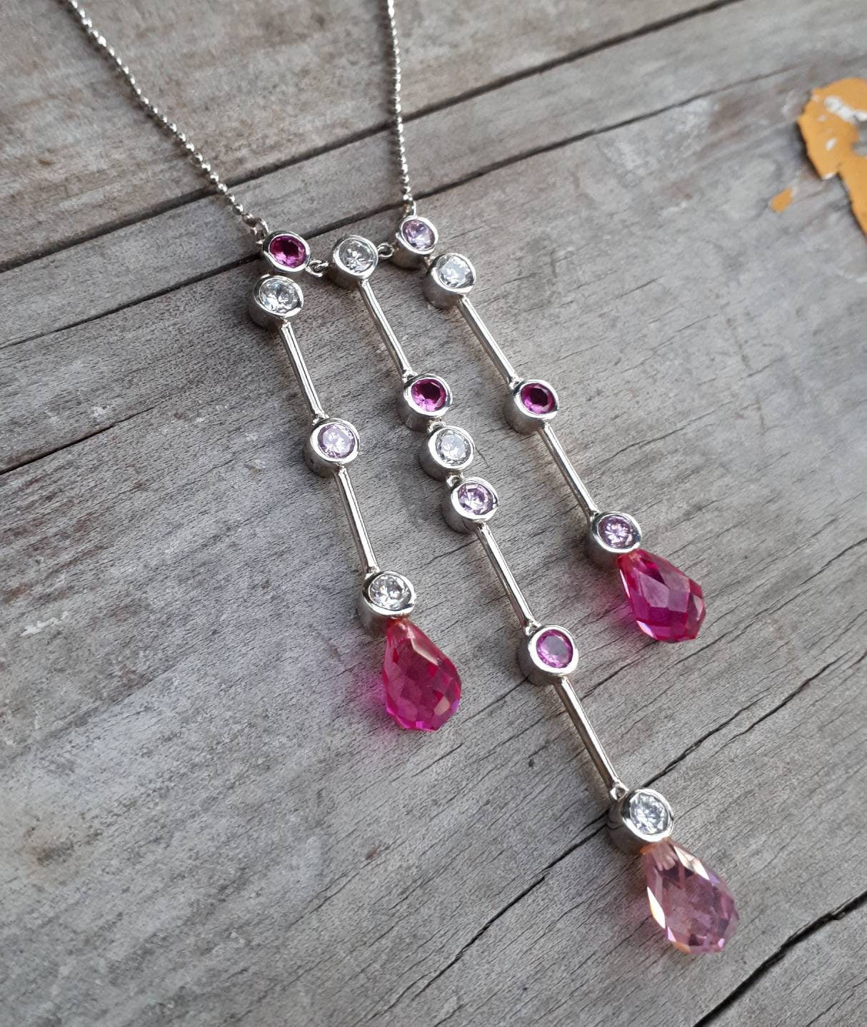 Multi drop,cz.stone pendant,pendulm,sterling silver,deco,cz,Crystal,goddess,boho shic,women's fashion,handmade,pink cz, bridal necklace