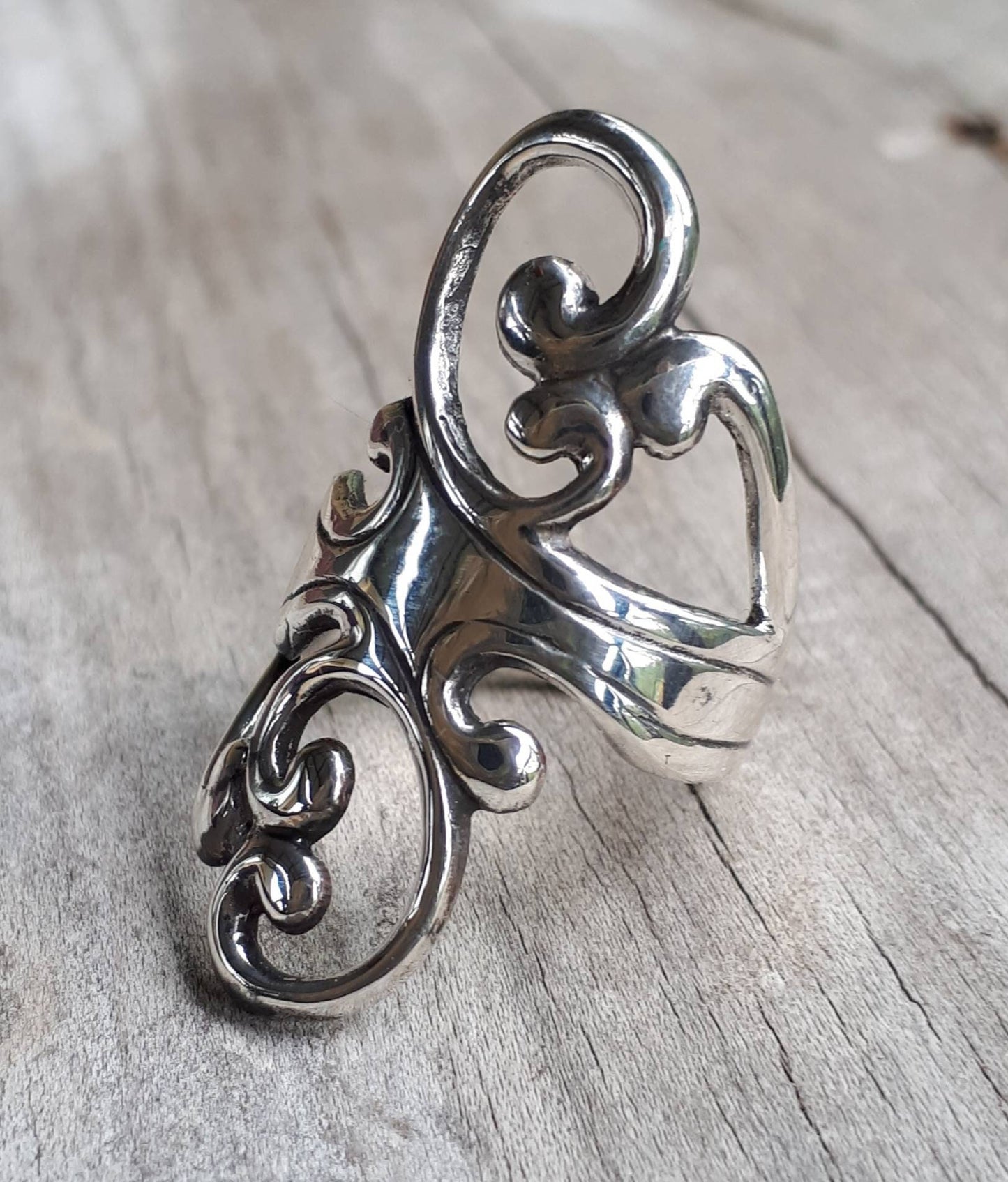 Long ring,scroll,sterling silver,boho,goddess,new age,vintage,gypsy,shabby chic,women's fashion,baroque,designer,steampunk,both,rockabilly