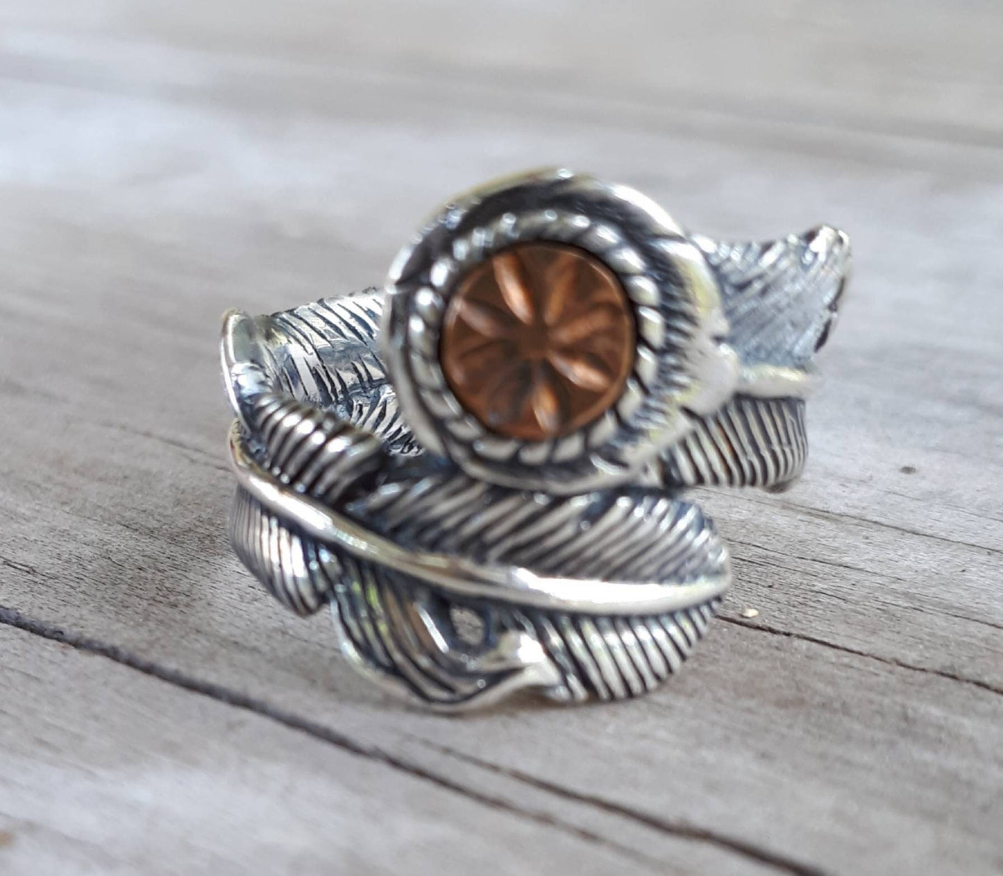 Feather ring,Sterling silver,copper,two tone ring, tribal,indian,cowboy,country and western,hipster,rockabilly,handmade,wedding,flower