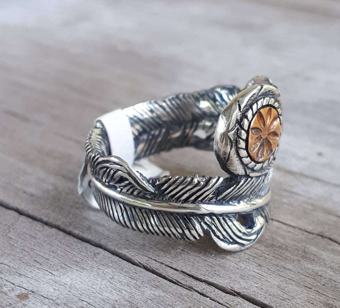 Feather ring,Sterling silver,copper,two tone ring, tribal,indian,cowboy,country and western,hipster,rockabilly,handmade,wedding,flower