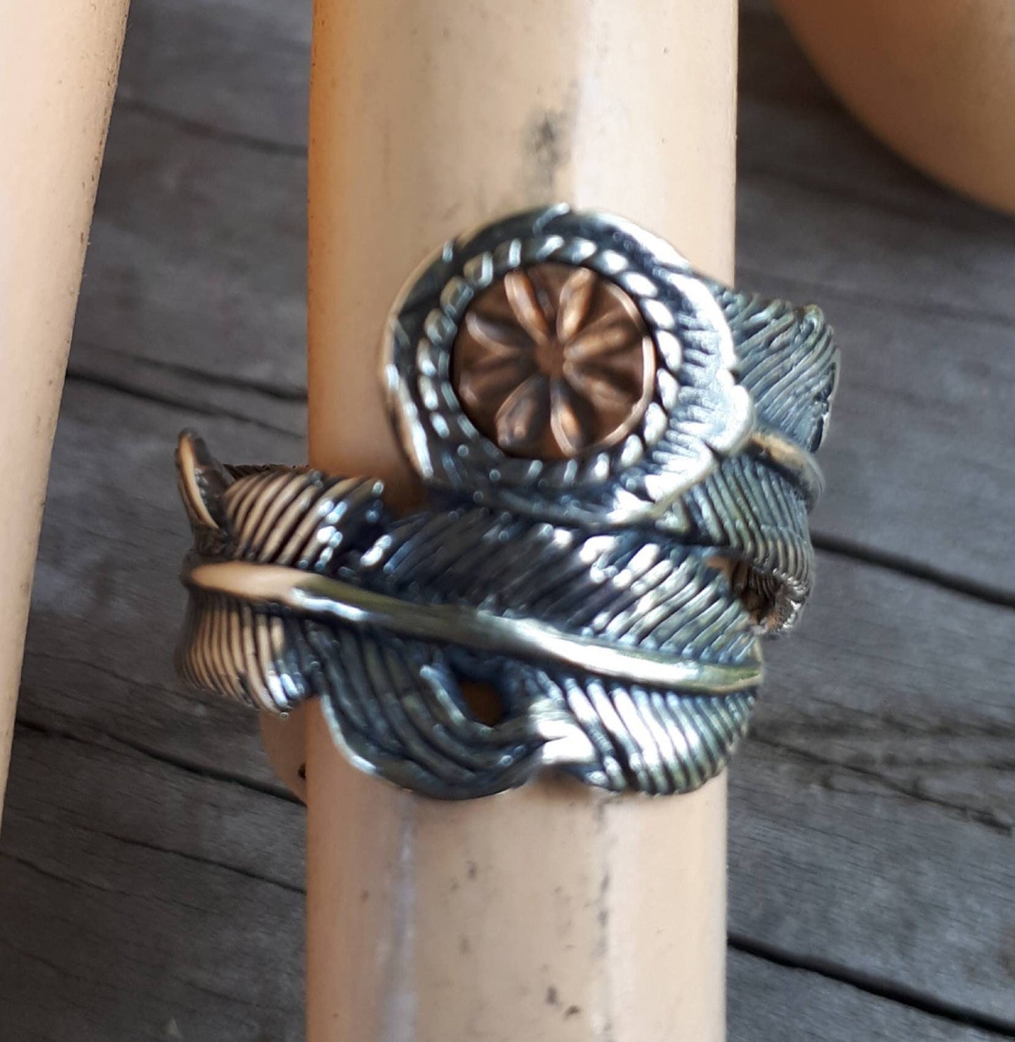 Feather ring,Sterling silver,copper,two tone ring, tribal,indian,cowboy,country and western,hipster,rockabilly,handmade,wedding,flower