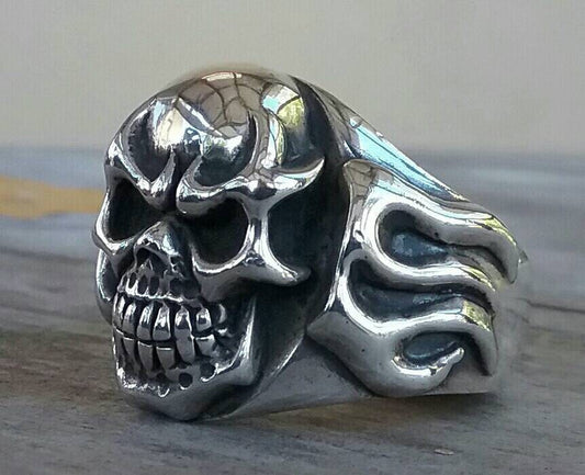 Skull signet ring. flame ring,ed roth, steampunk,gothic, punk , solid sterling silver,heavy,hipster