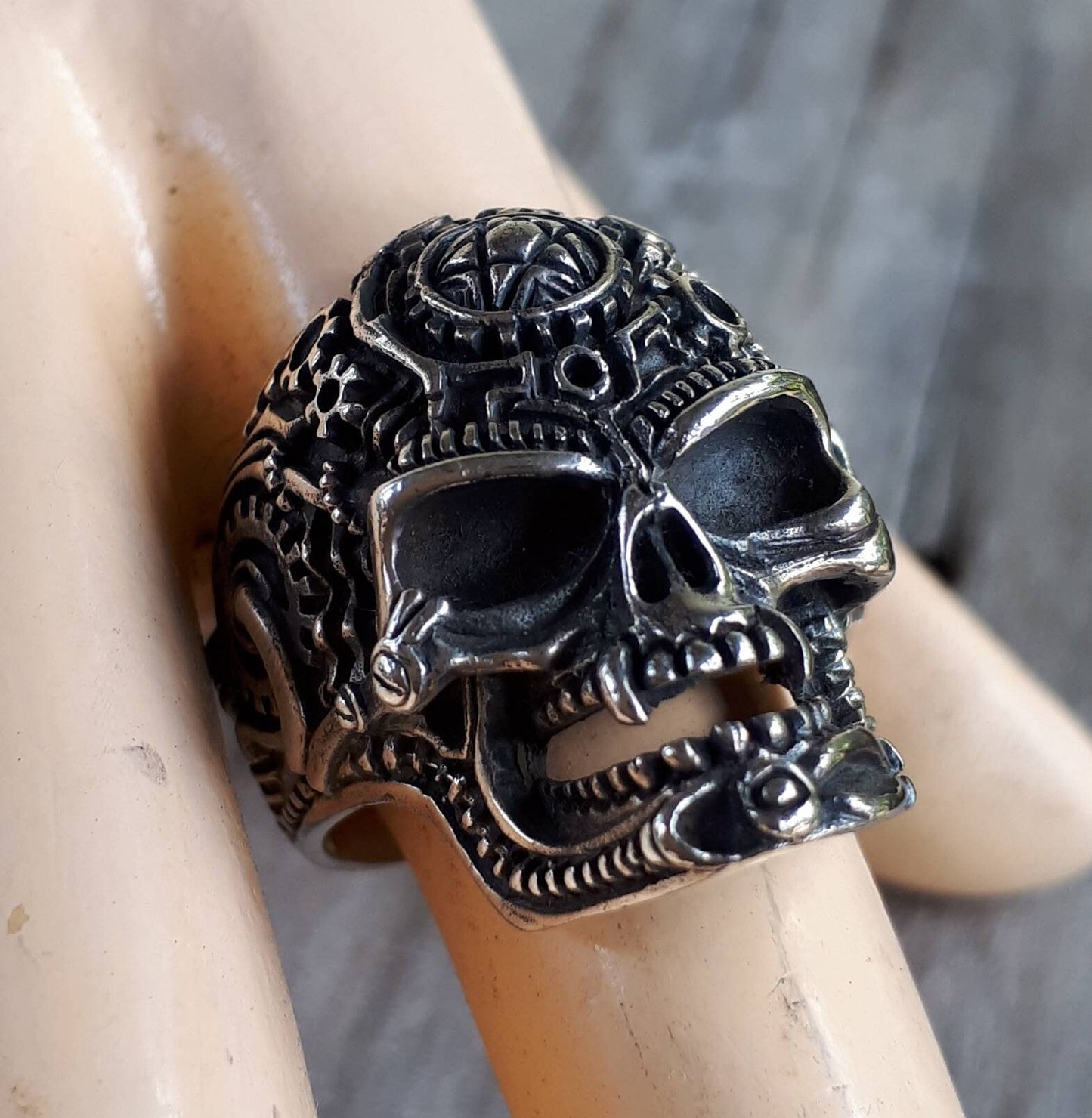 Vampire Skull ring,tribal, sterling  silver,pentagram, steampunk ,gothic, punk,biker,hand made,pirate,medievil skull,handmade,