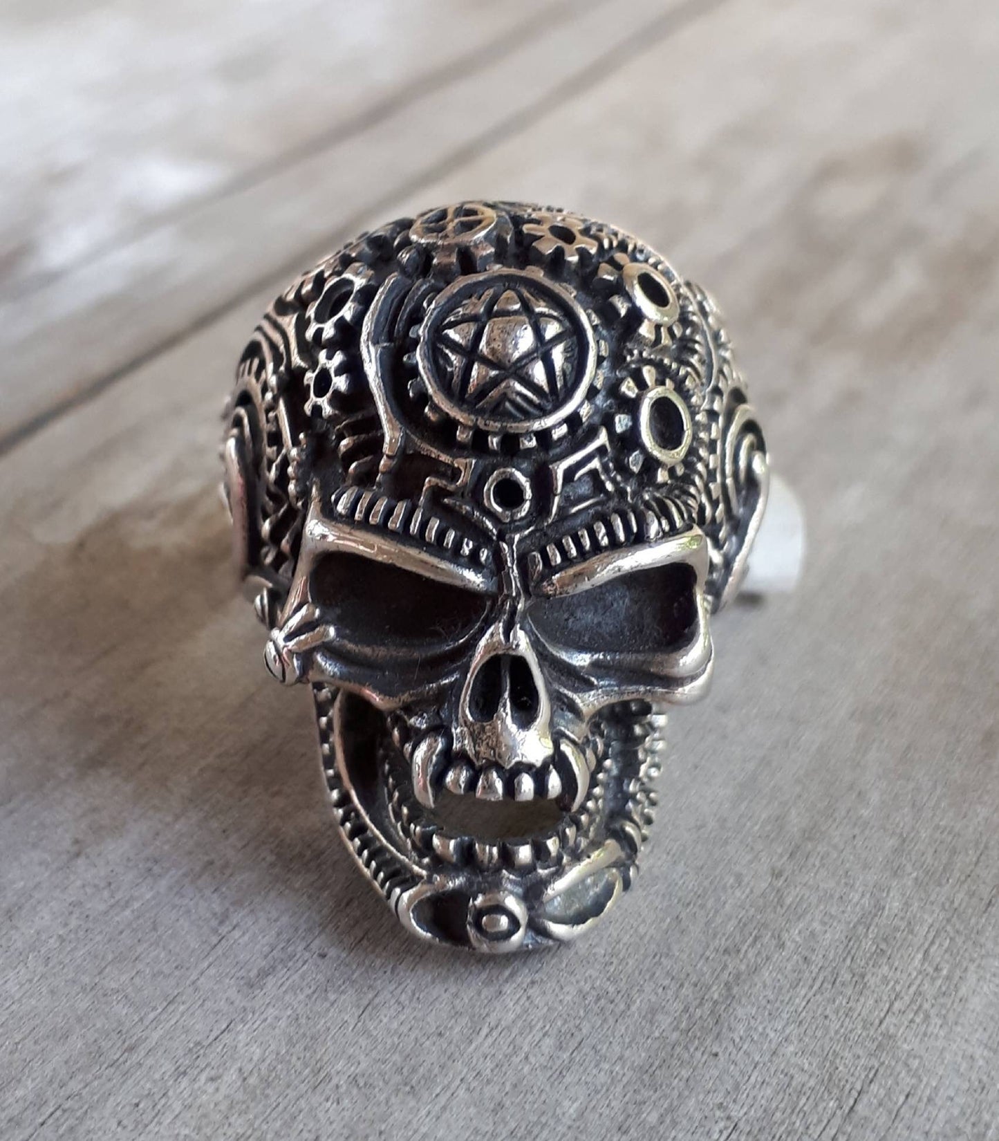 Vampire Skull ring,tribal, sterling  silver,pentagram, steampunk ,gothic, punk,biker,hand made,pirate,medievil skull,handmade,