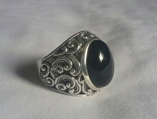 Onyx ring,Large stone ring,mans ring,sterling silver,wedding,dress ring,antique,scroll,tribal,baroque,vintage,boho,mans ring,MADE TO ORDER