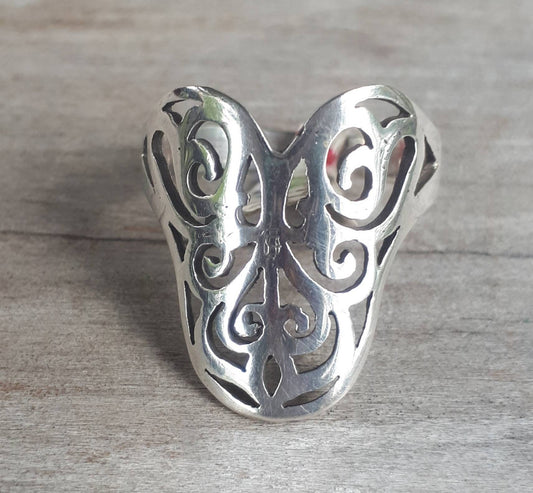 Filegree ring,sterling silver,long ring,gothic,antique,vintage, art nouveau,boho,hipster,hand made,thumb ring,goddess, flat ring,v ring