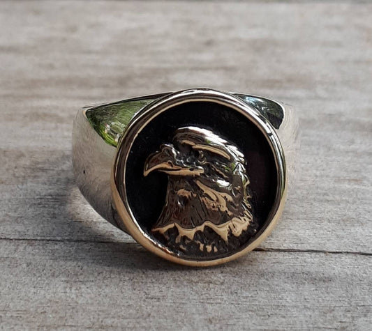 Eagle ring,two tone,signet ring,9ct gold,sterling silver,hawk,Phoenix,handmade,indian,cowboy,country and western,boho,gold and silver,