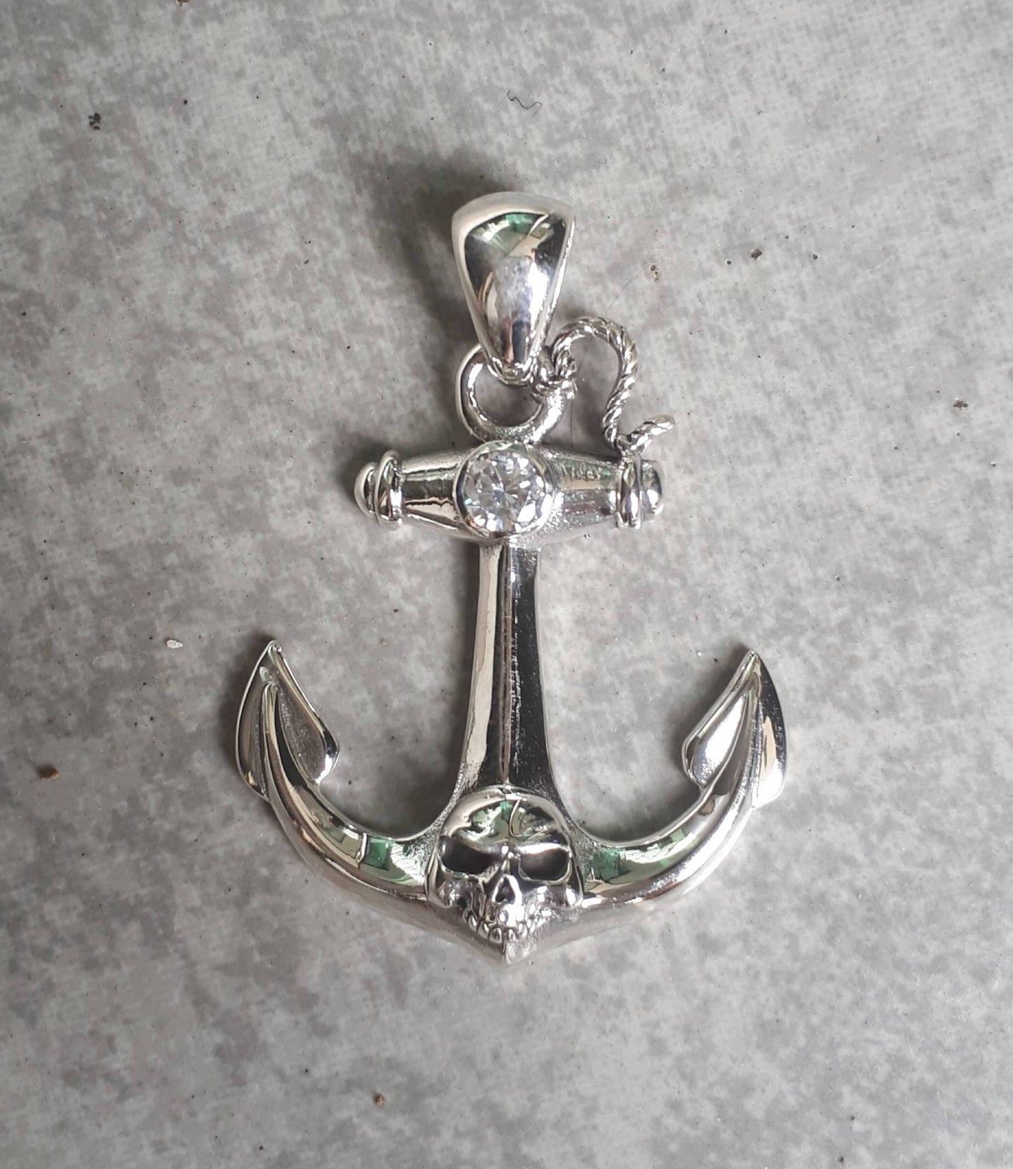 Large anchor pendant,sterling silver,nautical,skull, sailor,ship,maritime,rockabilly,cubic zirconia,hipster,