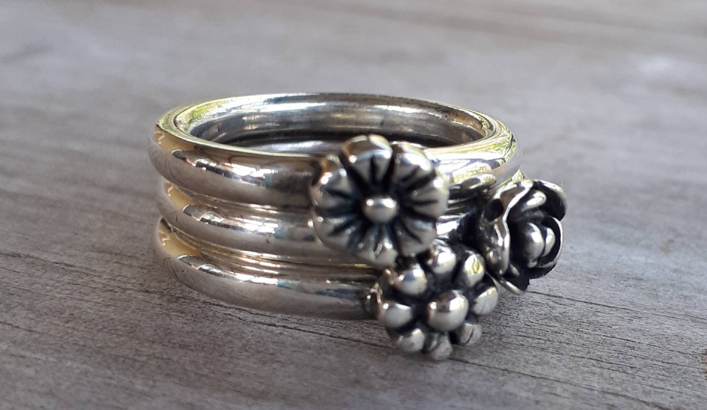 stacker rings,sterling silver,3 set,flower ring,rose ring,chunky band,handmade,boho,goddess,round wedding bands,thick silver rings,vintage,