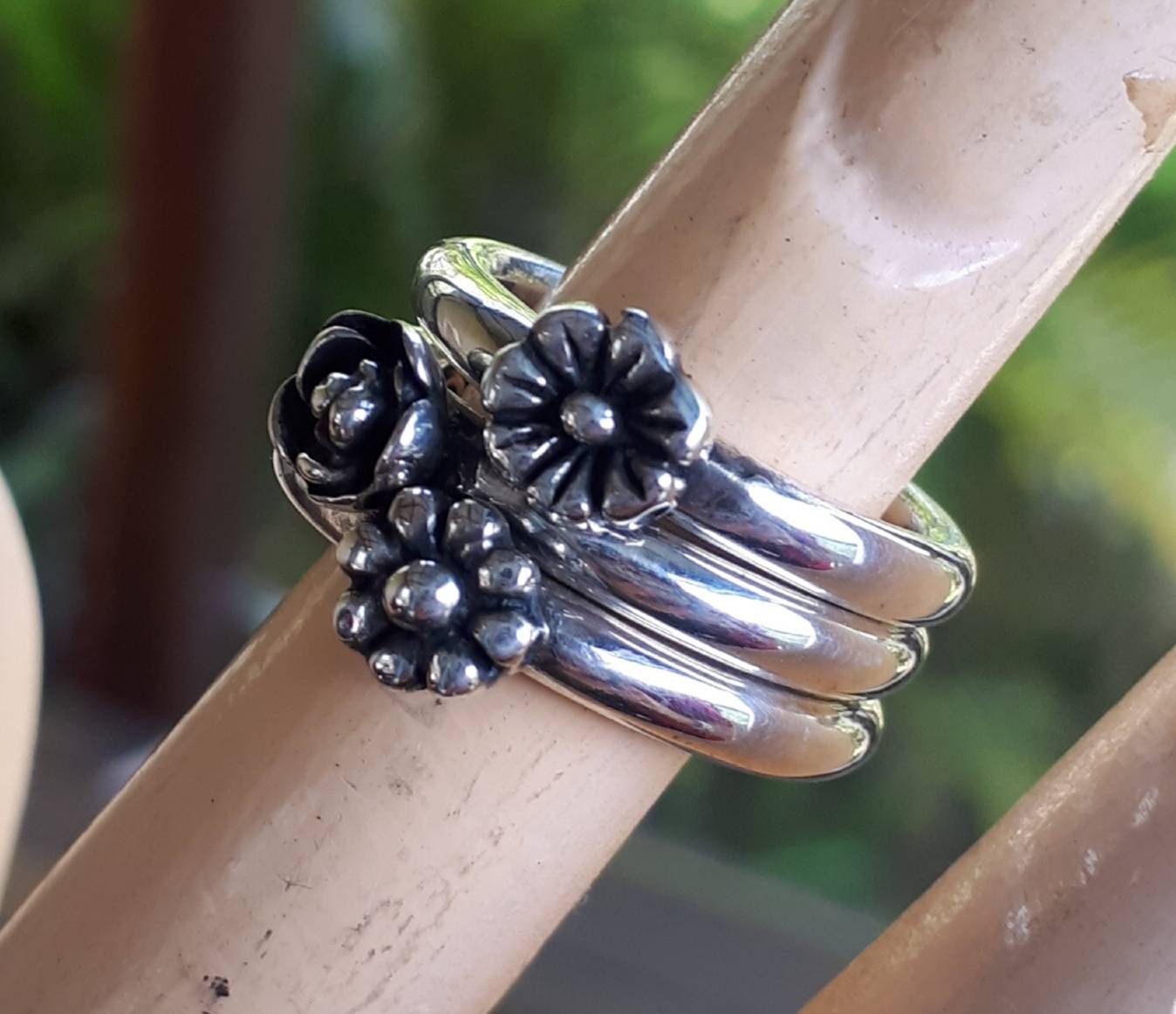 stacker rings,sterling silver,3 set,flower ring,rose ring,chunky band,handmade,boho,goddess,round wedding bands,thick silver rings,vintage,