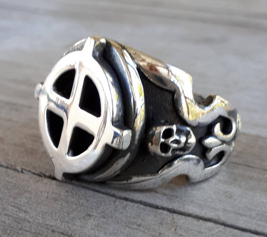 Cross and circle,skull ring,sterling silver,even sided cross,iron cross,steampunk punk,handmade,biker,Celtic cross,