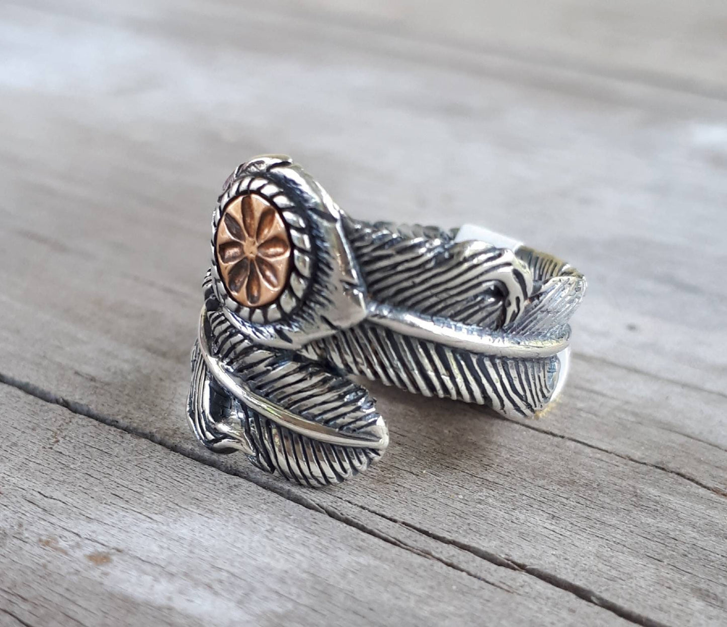 Feather ring,Sterling silver,copper,two tone ring, tribal,indian,cowboy,country and western,hipster,rockabilly,handmade,wedding,flower