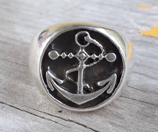 signet anchor ring,nautical,boho,surf, sailor ,rockabilly ,hipster,wedding,chunky ring, sterling silver,handmade,vintage,rustic,round signet