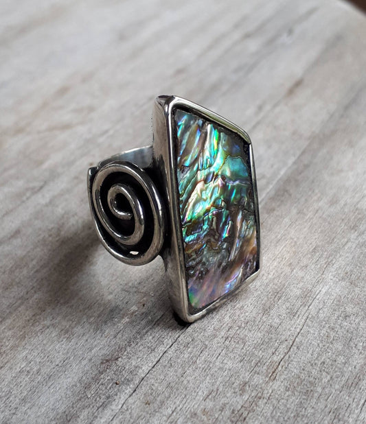 Paua shell ring,long ring,sterling silver,boho,gypsy,shell ring,new age,handmade ring,scroll,swirl, tribal,vintage,stone ring,maori koru