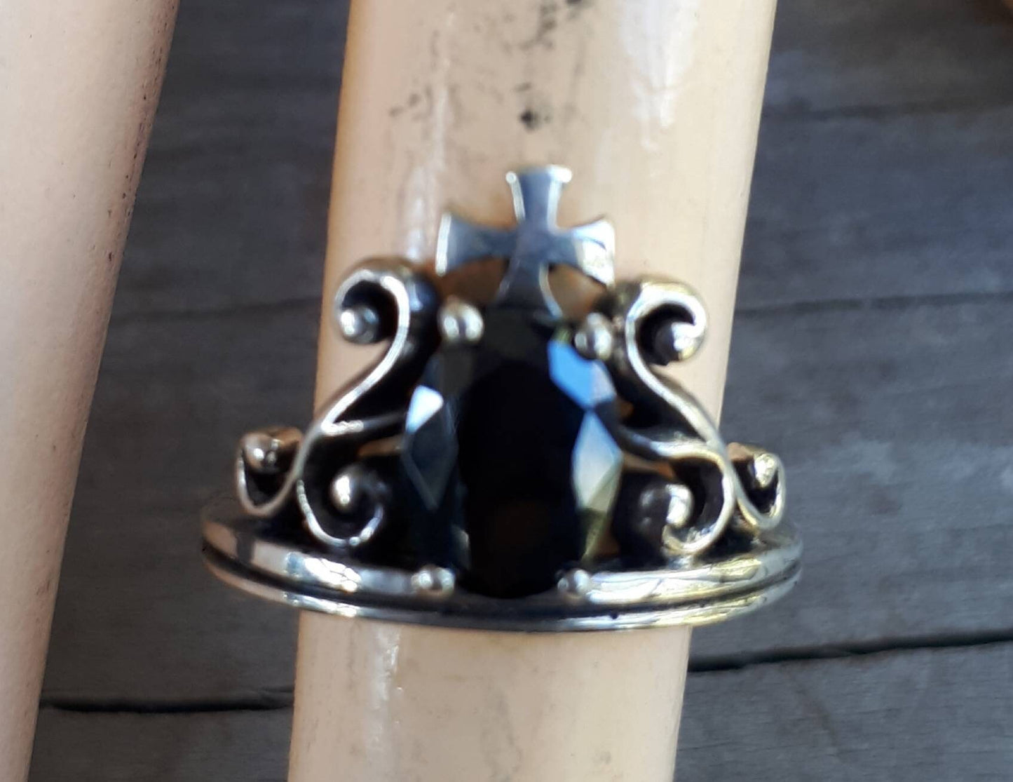 cross ring,black cz,scroll,sterling silver,steampunk,gothic,art nouveau, victorian,boho,hippy,gypsy,handmade,rockabilly,grunge