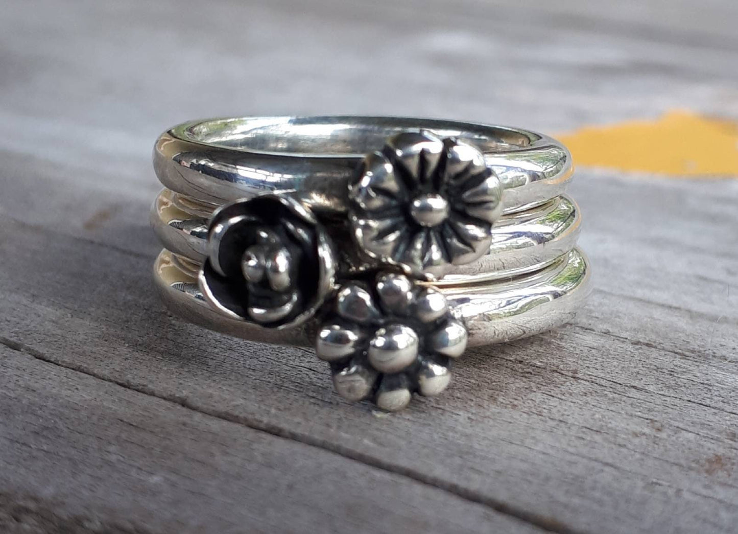 stacker rings,sterling silver,3 set,flower ring,rose ring,chunky band,handmade,boho,goddess,round wedding bands,thick silver rings,vintage,